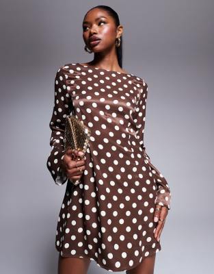 satin flare sleeve mini dress in choc polka dot-Multi