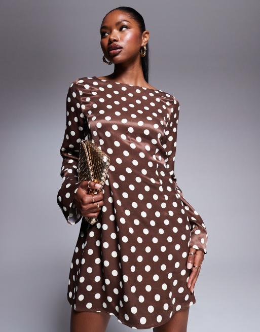 ASOS DESIGN satin flare sleeve mini dress in choc polka dot ASOS