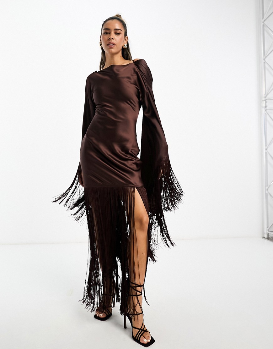 Asos Design Satin Flare Sleeve Mini Dress With Fringe Detail In Chocolate-brown