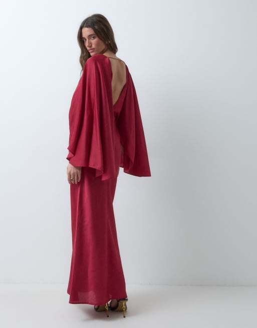 ASOS DESIGN satin flared batwing bias maxi dress in magenta, 3 of 5