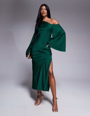 Asos Design Satin Flared Sleeve Off Shoulder Midi Dress In Dark Green