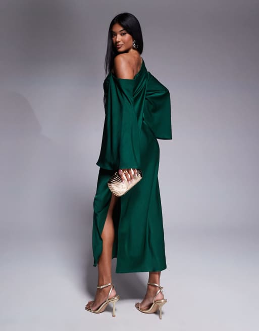 ASOS DESIGN satin flared sleeve off shoulder midi dress in dark  