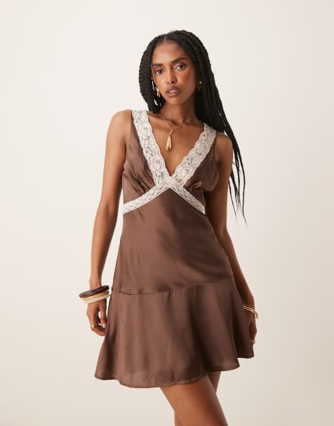 ASOS DESIGN satin flippy mini dress with lace detail in chocolate - view 1