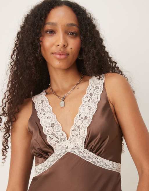 ASOS DESIGN satin flippy mini dress with lace detail in chocolate, 3 of 4