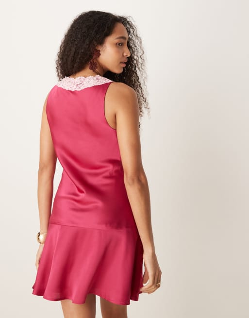 ASOS DESIGN satin flippy mini dress with lace details in pink, 4 of 4