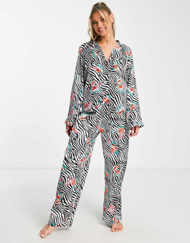 ASOS DESIGN satin floral animal shirt & pants pajama set in black & white