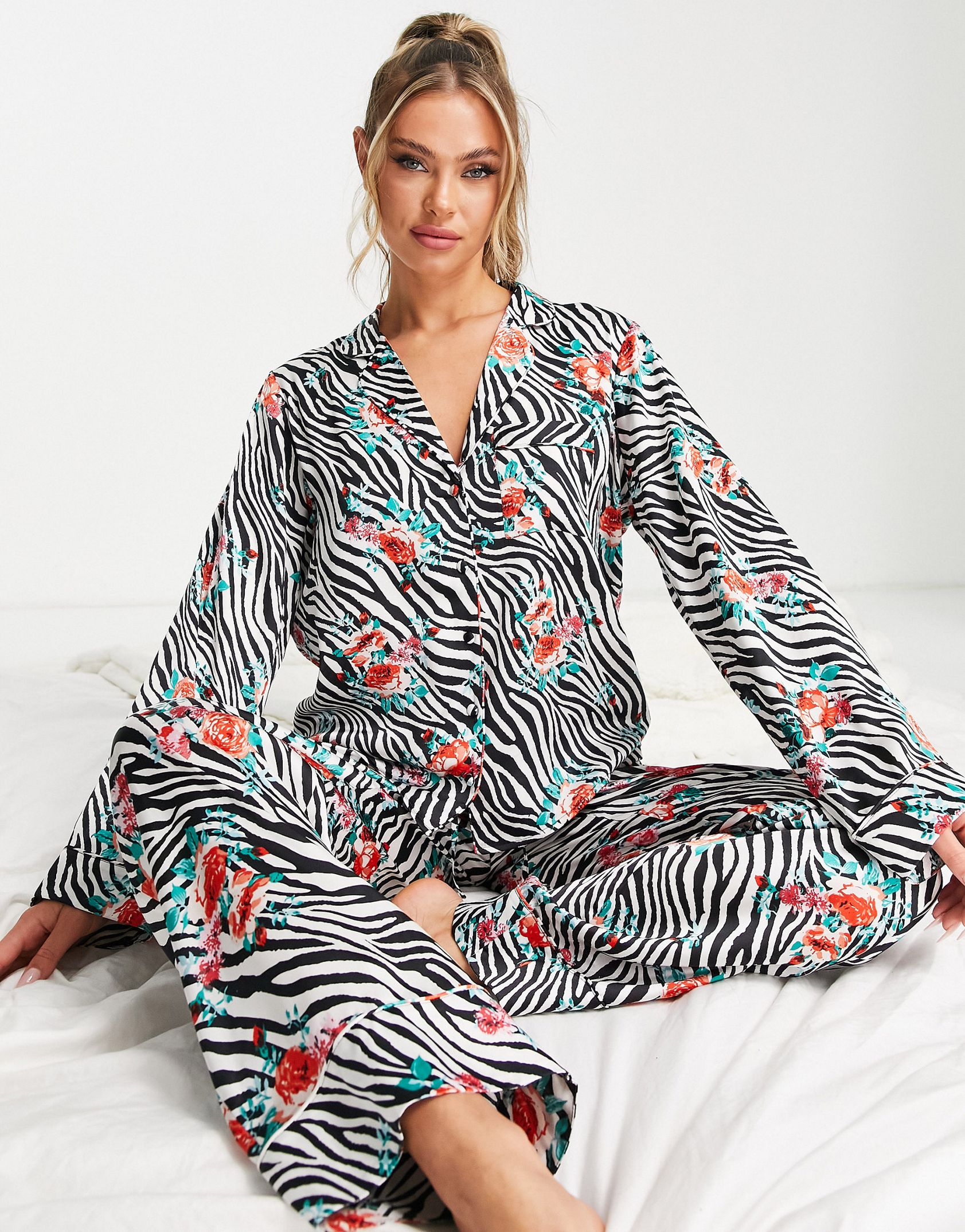ASOS DESIGN satin floral animal shirt & trouser pyjama set in black & white -  Price Checker