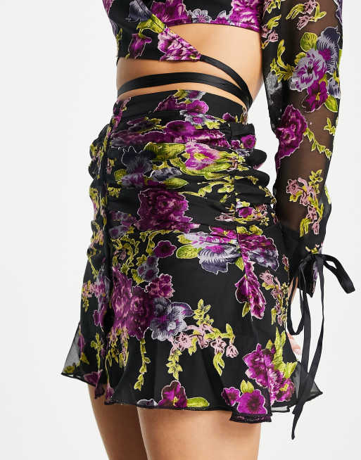 ASOS DESIGN satin floral burnout button front skirt co ord