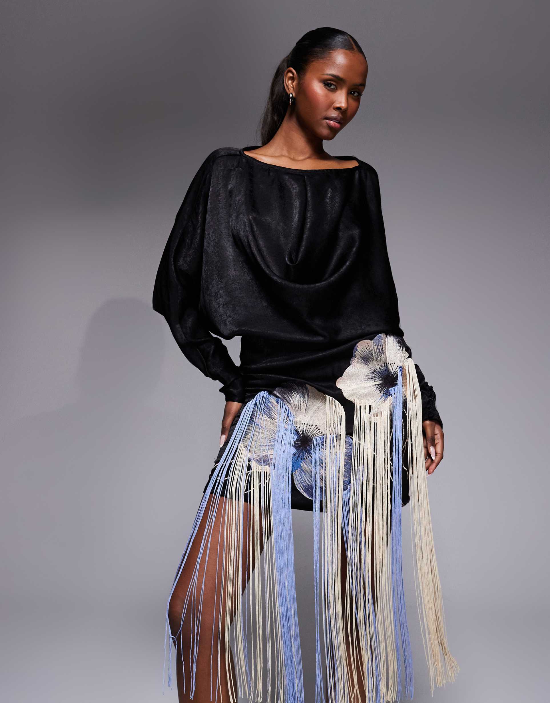 asos design satin floral embroidered mini dress with fringe in black