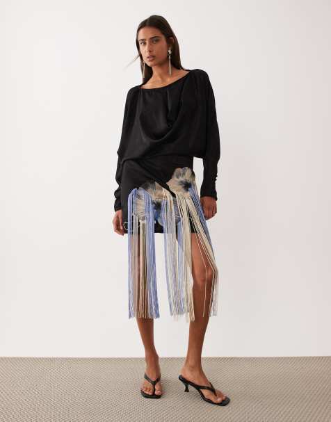 ASOS DESIGN satin floral embroidered mini dress with fringing in black