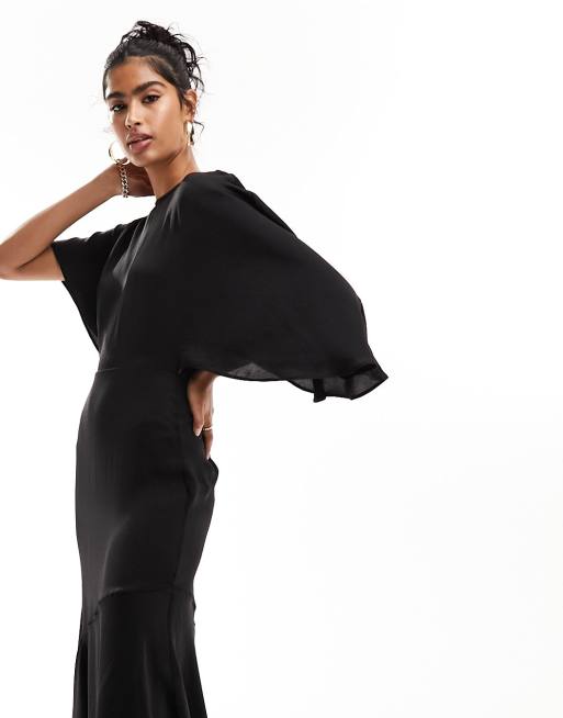ASOS DESIGN satin flutter sleeve asymmetric hem midi dress in black