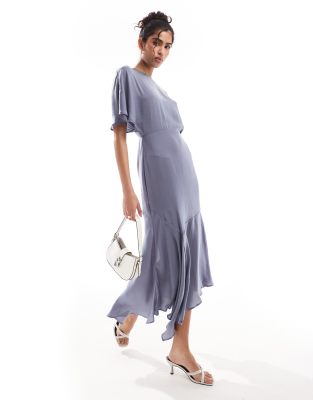 asymmetrical flutter sleeve dress Betty Flutter Sleeve Charmeuse Dress A-Line Maxi