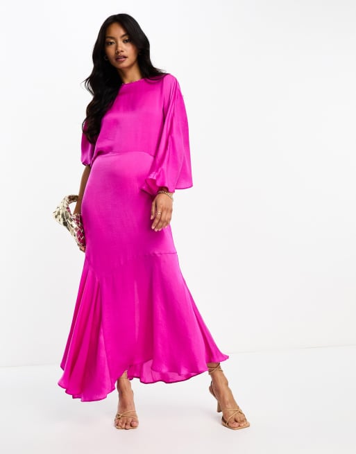 Pink Maxi Dress - Satin High Low Dress - Fluter Sleeve Dress