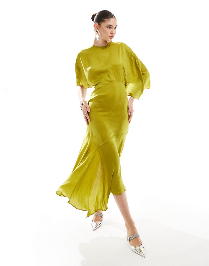 Asos Design Satin Flutter Sleeve Asymmetric Hem Midi Dress In Chartreuse-green