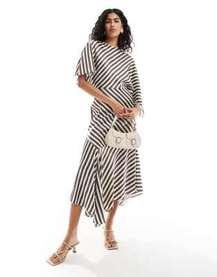 Shop Asos Design Satin Flutter Sleeve Asymmetric Hem Midi Dress In Multi