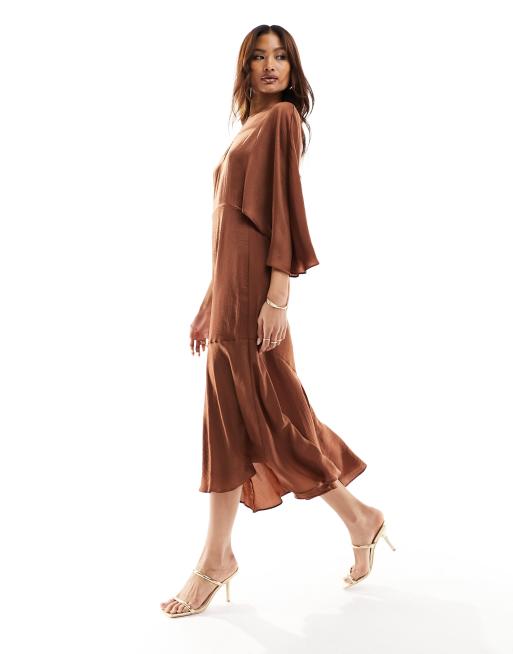 ASOS DESIGN satin flutter sleeve asymmetric hem midi dress in chocolate