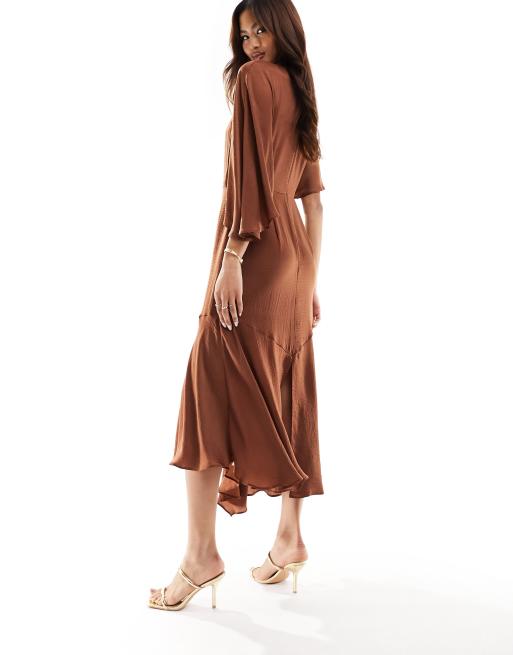 ASOS DESIGN satin flutter sleeve asymmetric hem midi dress in chocolate