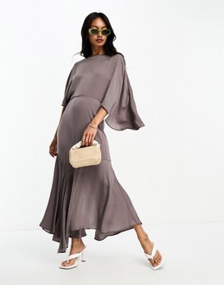 Asos Design Satin Flutter Sleeve Asymmetric Hem Midi Dress In Deep Mocha-gray