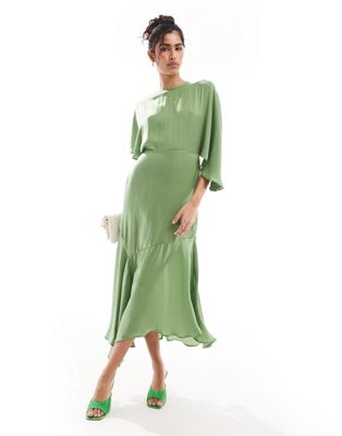 Asos Design Satin Flutter Sleeve Asymmetric Hem Midi Dress In Green