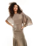 [ASOS DESIGN] ASOS DESIGN satin flutter sleeve asymmetric hem midi dress in mocha-Brown 14 Mocha