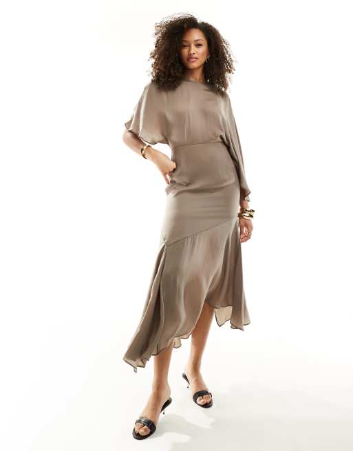 ASOS DESIGN satin flutter sleeve asymmetric hem midi dress