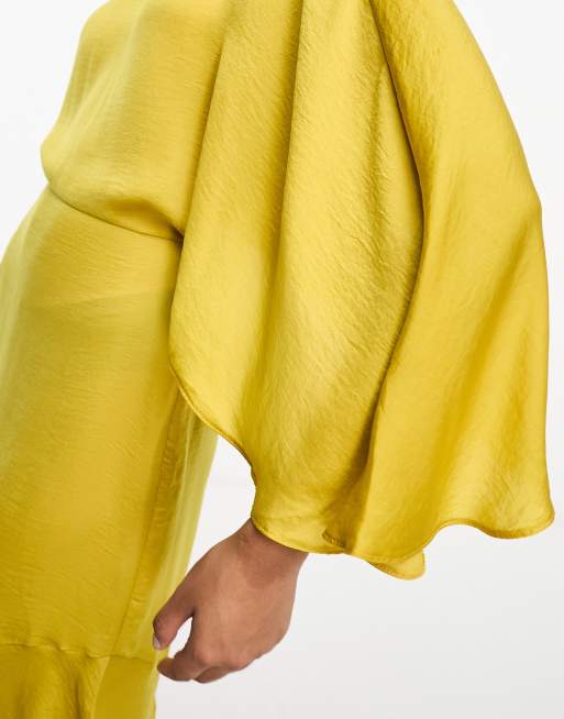 ASOS DESIGN satin flutter sleeve asymmetric hem midi dress in mustard ASOS