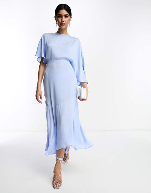 ASOS DESIGN satin flutter sleeve asymmetric hem midi dress in pale blue