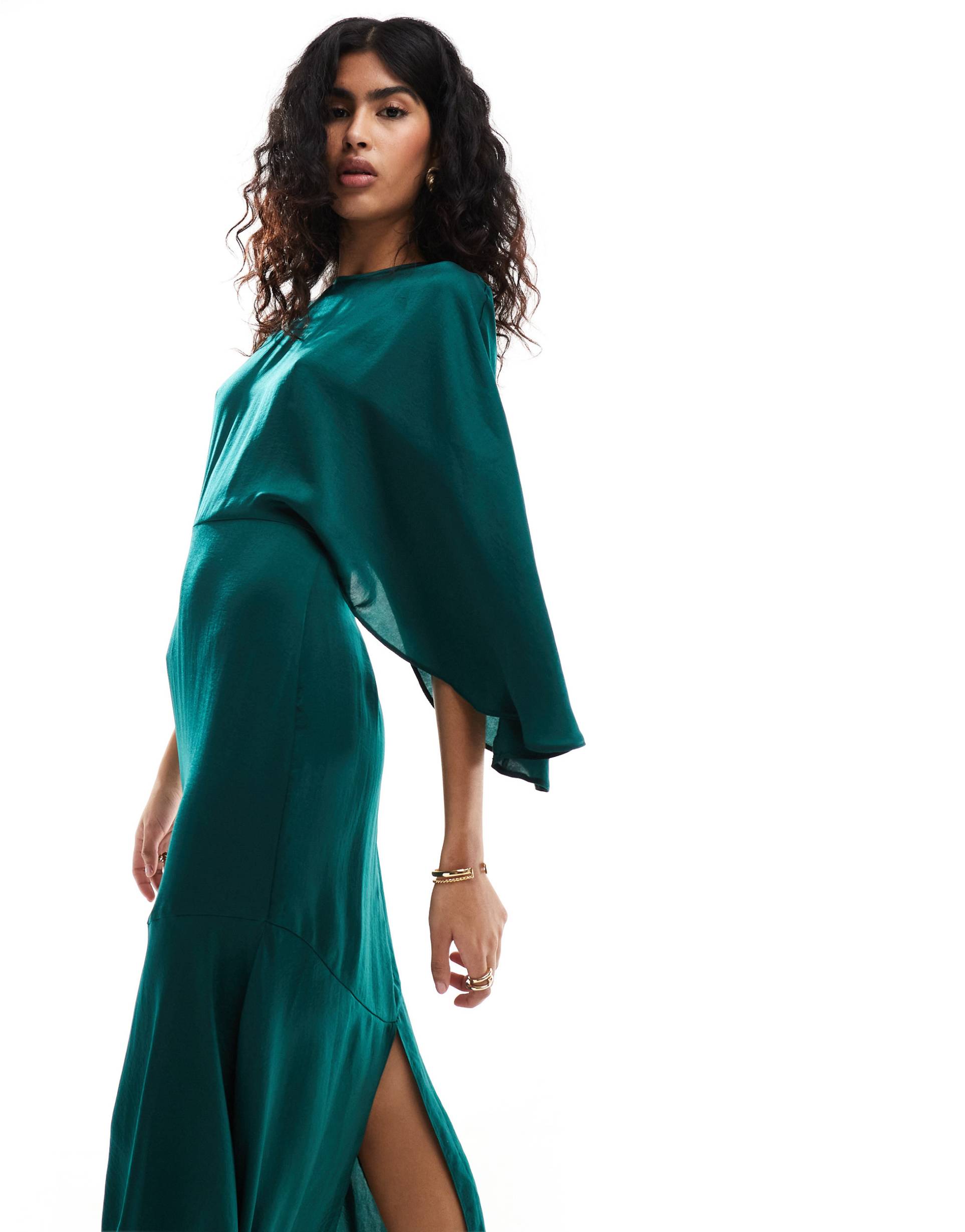 asos design satin flutter sleeve asymmetric hem midi dress in pine blue