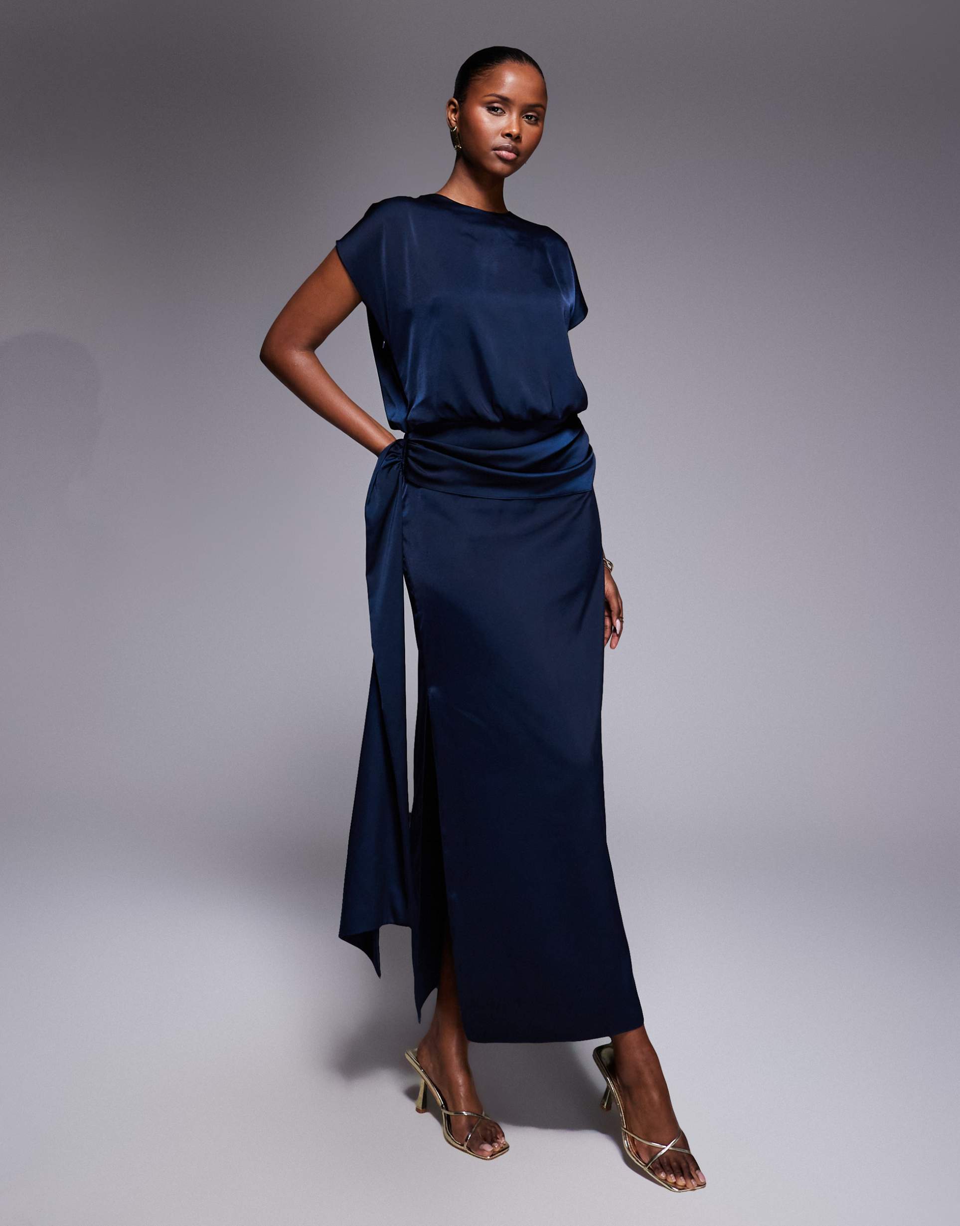 asos design satin flutter sleeve draped waist maxi dress in navy
