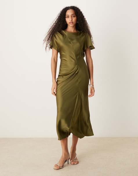 ASOS DESIGN satin flutter sleeve maxi dress in olive - view 1
