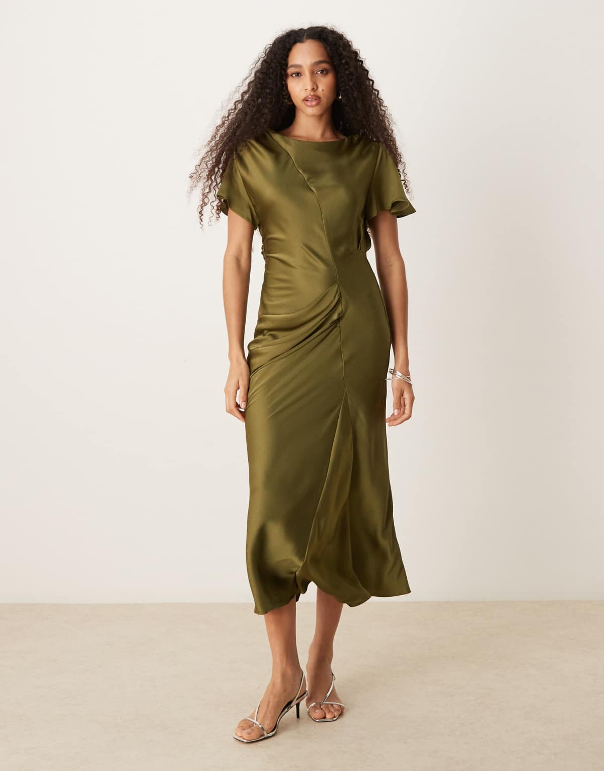 ASOS DESIGN satin flutter sleeve maxi dress in olive
