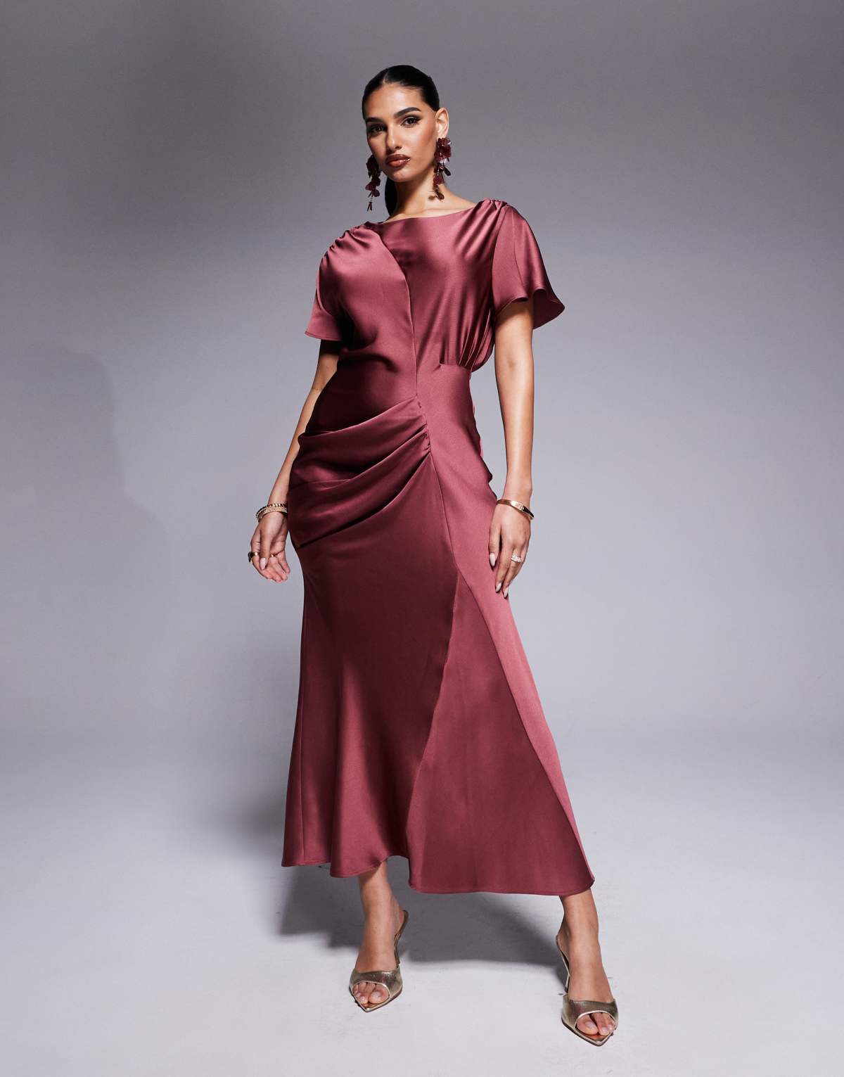 ASOS DESIGN satin flutter sleeve maxi dress in washed burgundy
