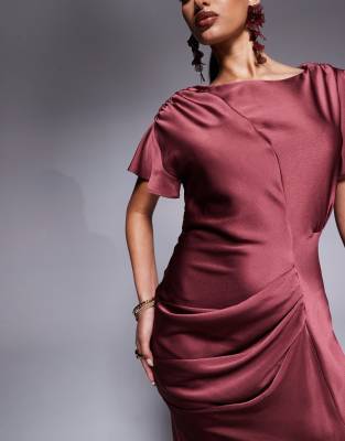 Asos Design Satin Flutter Sleeve Maxi Dress In Red