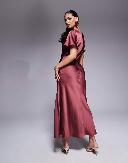 ASOS DESIGN satin flutter sleeve maxi dress in washed burgundy | ASOS
