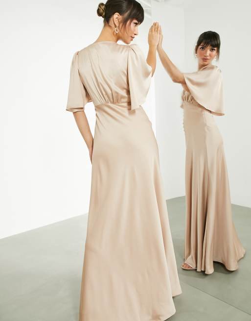 ASOS DESIGN satin flutter sleeve maxi dress with button front in caramel