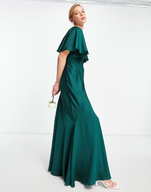 ASOS DESIGN satin flutter sleeve maxi dress with strap details in forest green