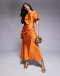 [ASOS DESIGN] ASOS DESIGN satin flutter sleeve midaxi dress in rust-Orange 4 Orange rust