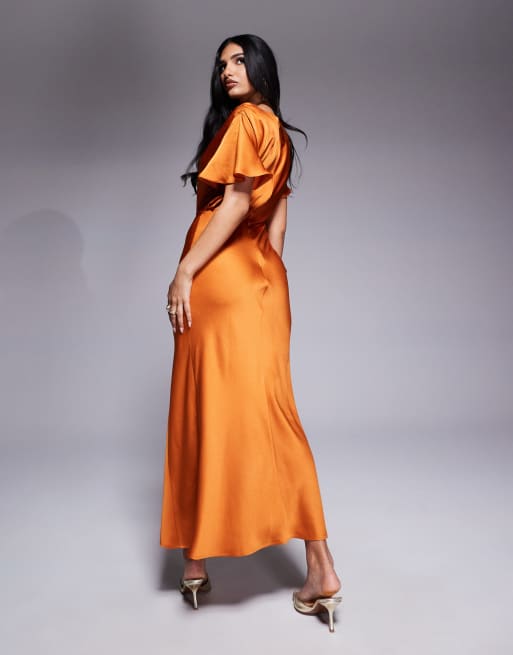 drop a bombshell ruched midaxi dress in rust ASOS DESIGN satin flutter sleeve midaxi dress in rust