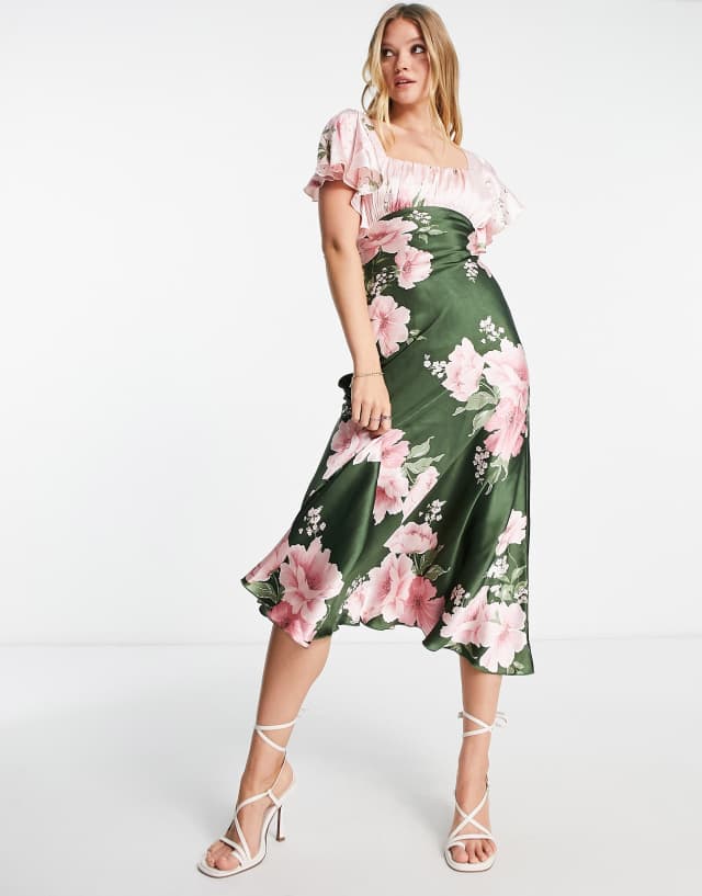 ASOS DESIGN satin flutter sleeve midi dress in contrast large floral print in pink and green