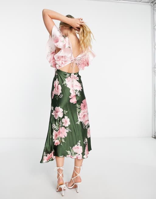 Vila flutter sleeve midi dress in green and pink floral