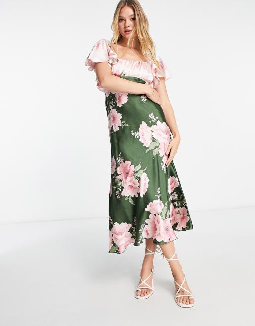 ASOS DESIGN satin midi dress with blouson bodice in vintage floral