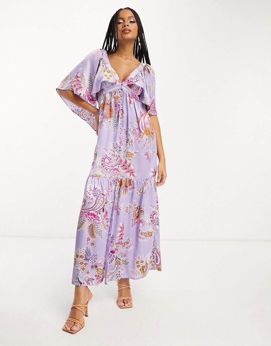 ASOS DESIGN satin flutter sleeve v-neck maxi dress with tier hem in lilac paisley print-Multi