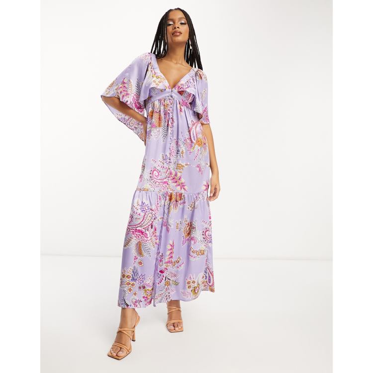 ASOS DESIGN satin flutter sleeve v-neck maxi dress with tier hem