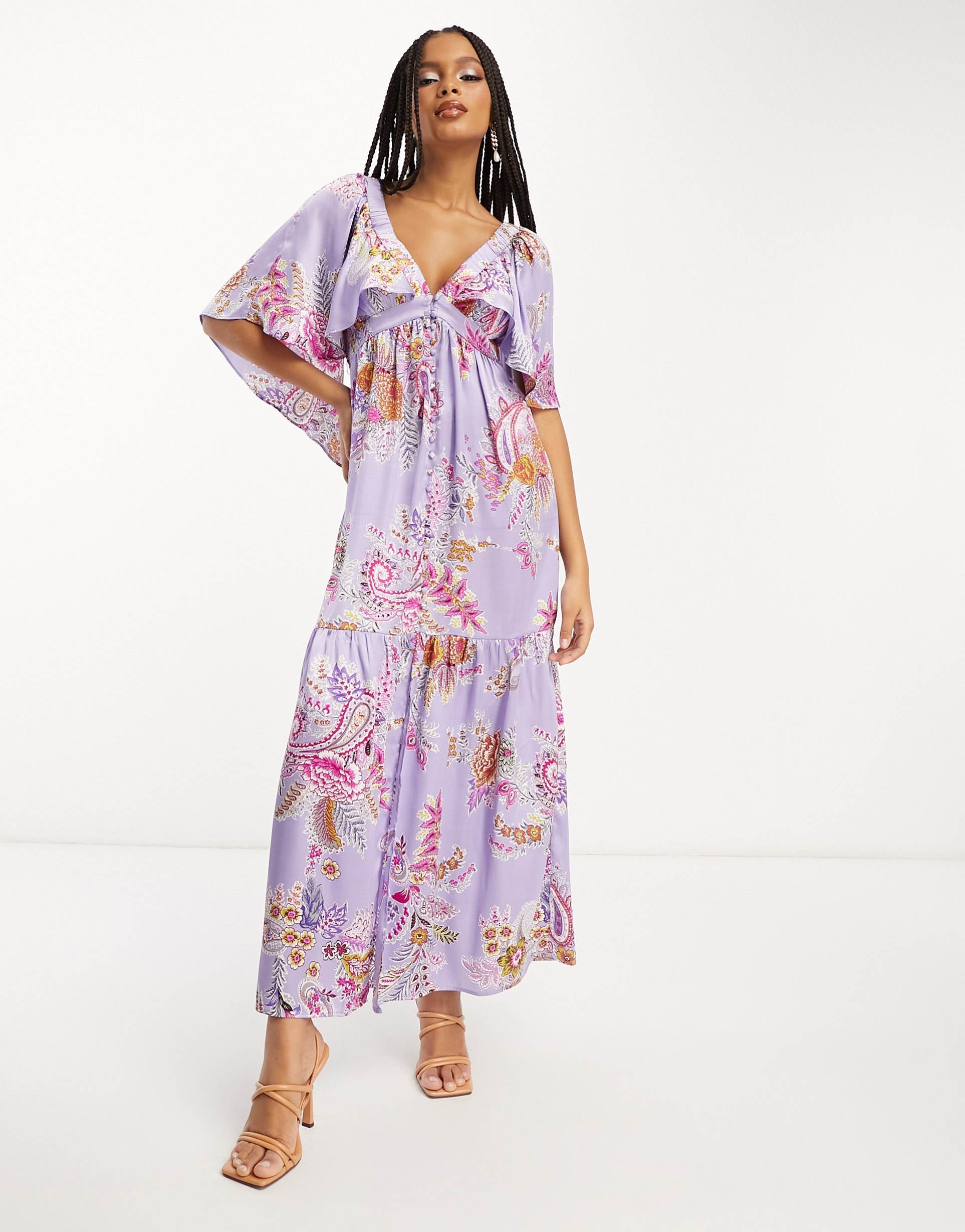 asos design satin flutter sleeve v-neck maxi dress with tier hem in lilac paisley print