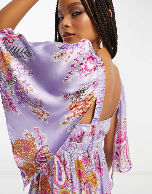 ASOS DESIGN satin flutter sleeve v-neck maxi dress with tier hem in lilac  paisley print