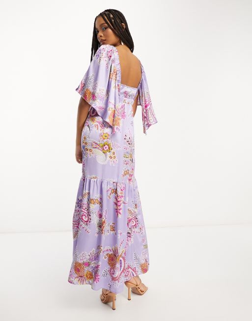 ASOS DESIGN satin flutter sleeve v-neck maxi dress with tier hem in lilac  paisley print