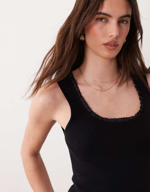ASOS DESIGN satin frill edge knitted cami top in black, 2 of 4
