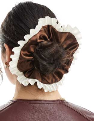 Asos Design Satin Frill Scrunchie In Brown