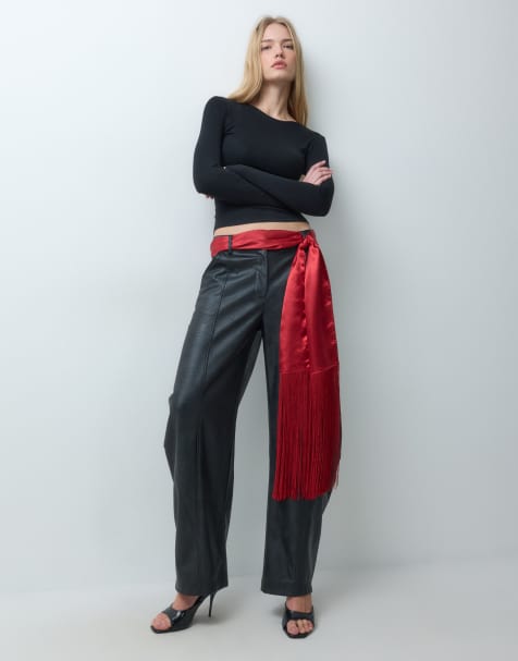 ASOS DESIGN satin fringe scarf in red - view 1