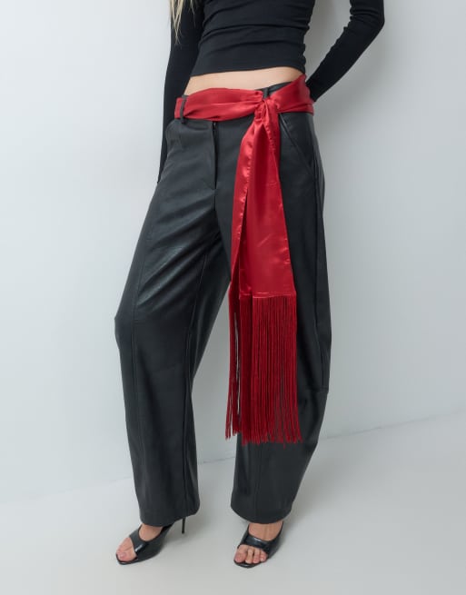 ASOS DESIGN satin fringe scarf in red, 2 of 4